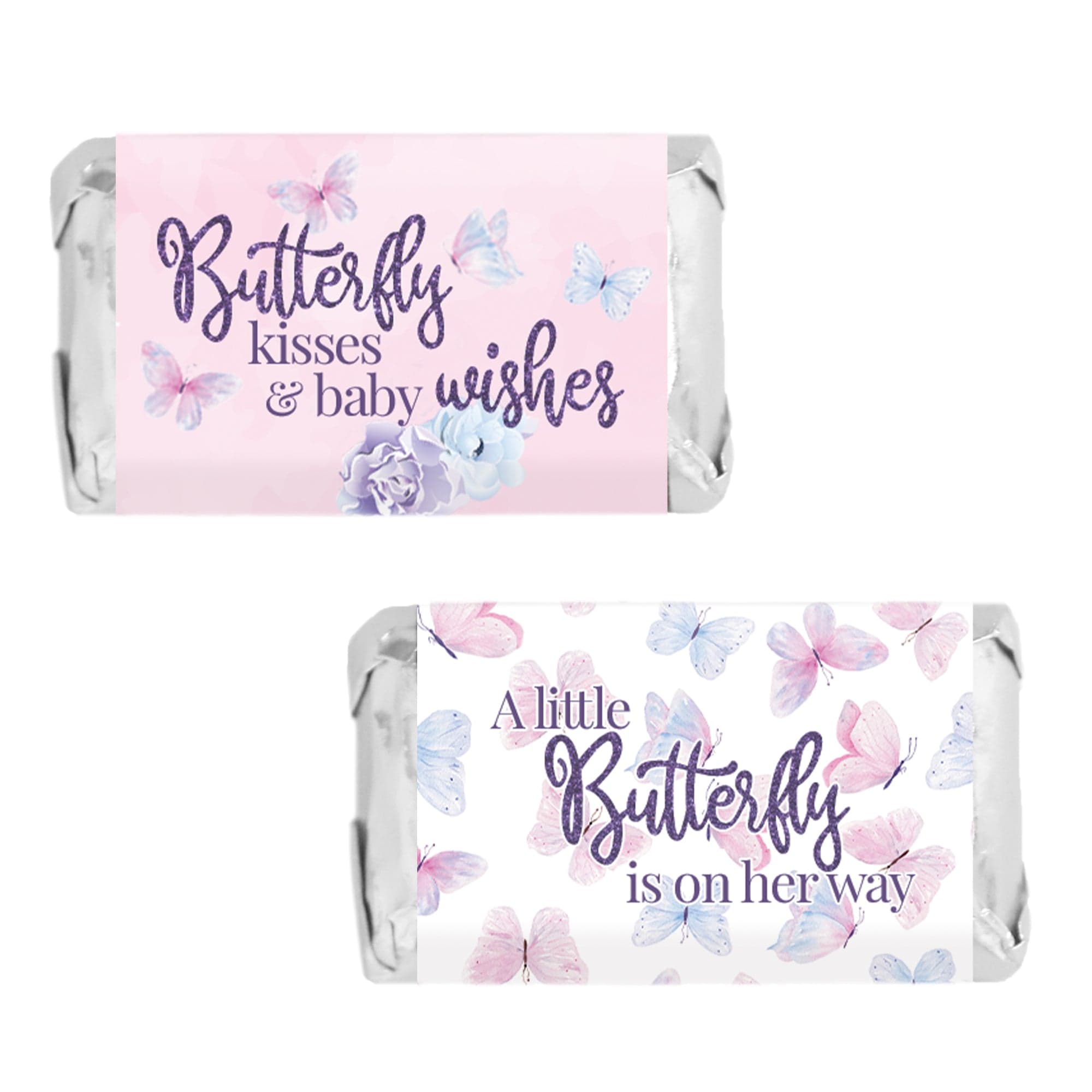 Pink and Purple Butterfly Baby Shower Mini Candy Bar Wrappers - 45 Party Favor Labels